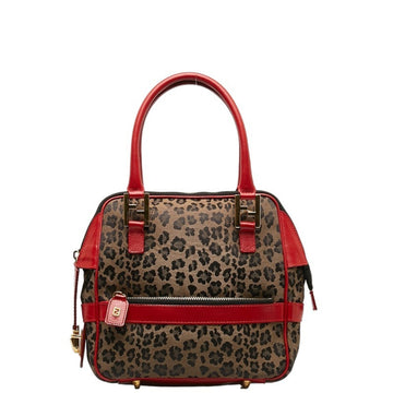 FENDI Leopard Handbag Beige Black Red Canvas Leather Women's