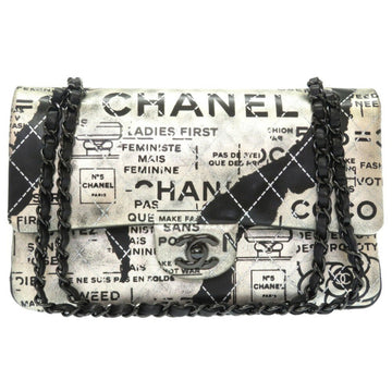 CHANEL Matelasse 25 Print Double Flap 2 Leather Silver Black Chain Shoulder Bag Coco Mark CC Lid 0022