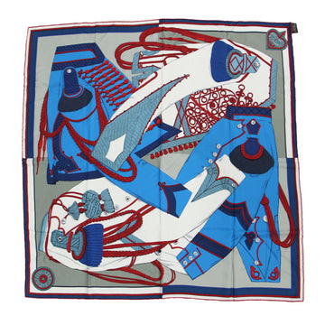 HERMES Scarf Muffler Blue Red Large Silk Zouaves Dragon Women's