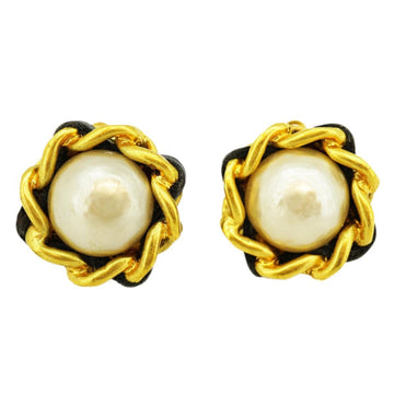 CHANEL Earrings, Fake Pearl, GP Plated, Leather, Gold, Black, 93A, Women's