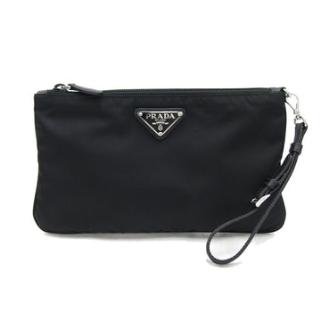 PRADA Pouch 1NH545 Black Nylon Leather Clutch Bag Wristlet Women's
