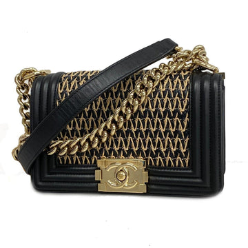 CHANEL Shoulder Bag Boy Chain Lambskin Straw Black Champagne Ladies