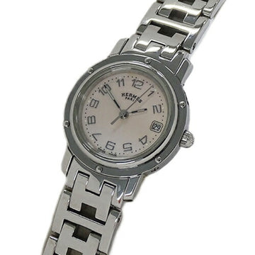 HERMES Watch Ladies Clipper Nacle Shell Date Quartz Stainless Steel SS CL4.210 Silver Polished