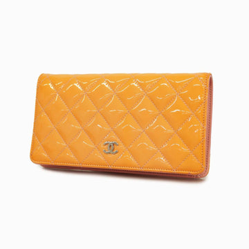 CHANEL Long Wallet Matelasse Patent Leather Orange Women's