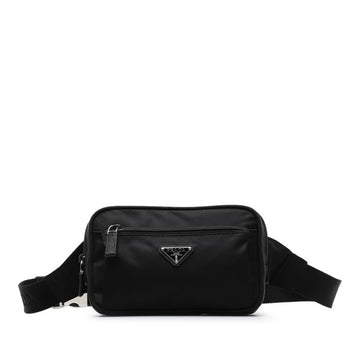 PRADA Triangle Plate Body Bag Waist Black Nylon Leather Women's