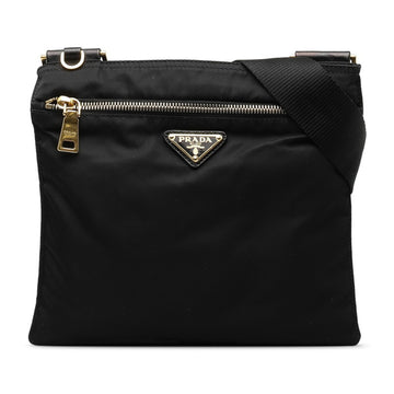 PRADA Triangle Plate Shoulder Bag Black Gold Nylon Leather Women's