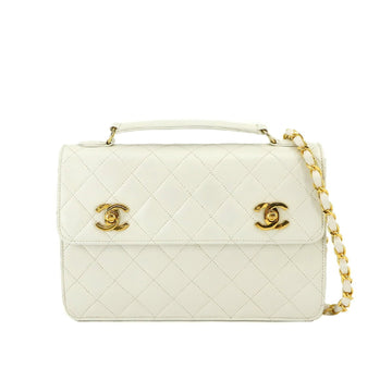 CHANEL Matelasse Double Turn Lock 2way Hand Chain Shoulder Bag Leather White