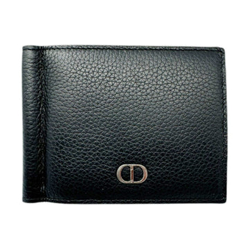 CHRISTIAN DIOR Bi-fold wallet with money clip Business card holder/card case Wallet Leather Black Men's CD metal Embossed leather button Calfskin