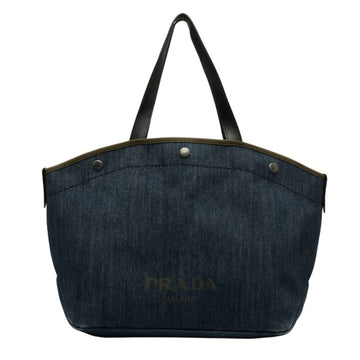 PRADA Print Denim Handbag Shoulder Bag Indigo Blue Black Canvas Leather Women's
