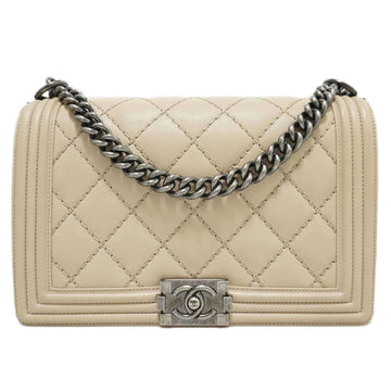 CHANEL Boy  Large Handbag Shoulder Bag Beige Leather Women's Men's