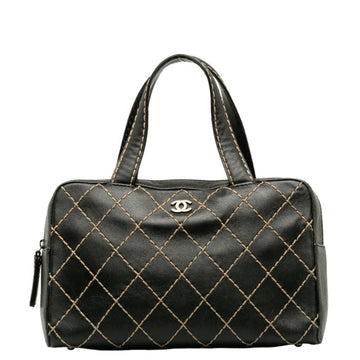 CHANEL Coco Mark Wild Stitch Handbag Boston Bag Black Leather Women's