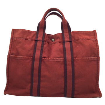 HERMES Foul Tote MM Canvas Wine Red Bag Handbag Lesson Shopping Women Men