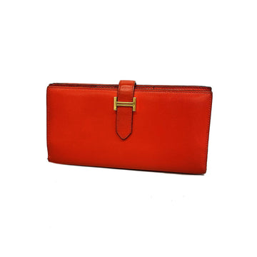 HERMES Long Wallet Bear Souffle A Engraved Swift Rouge Tomato Ladies
