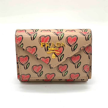 PRADA Wallet Tri-fold Pink Beige Multicolor W Compact Heart LOVE Print Women's Vitello Move Leather 1MH021