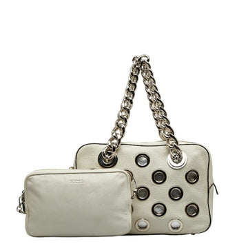 PRADA CITI FORI Punching Chain Handbag 1BB017 White Leather Women's