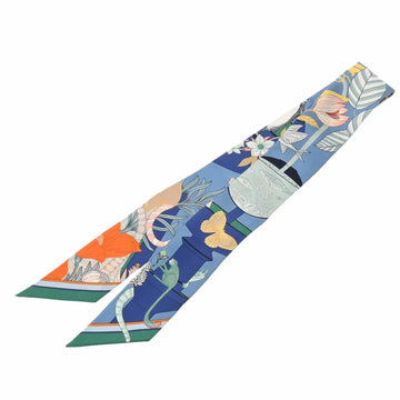 HERMES Twilly PRECIOUS PARADISE Blue jean/orange 064094S Women's 100% silk scarf muffler