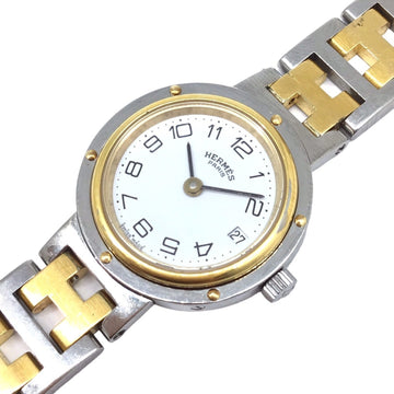 HERMES Clipper CL3.240 Gold Silver Stainless Steel GP White Dial Wristwatch Quartz Date Ladies