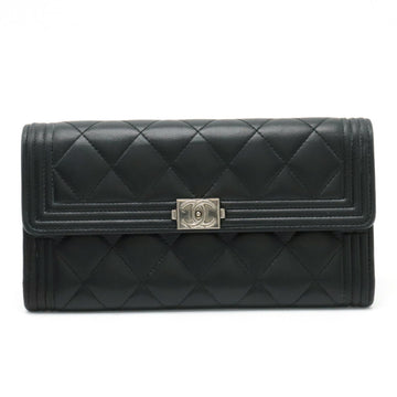 CHANEL Boy  Matelasse Coco Mark Bifold Long Wallet Leather Black A80286