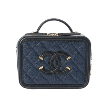 CHANEL CC Filigree Small Vanity Navy/Black Tone A93342 Women's Caviar Skin Bag