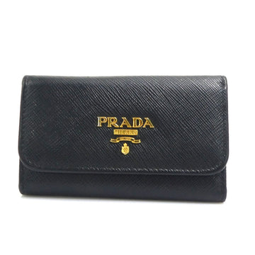 PRADA key case leather metal black gold women's e58726f