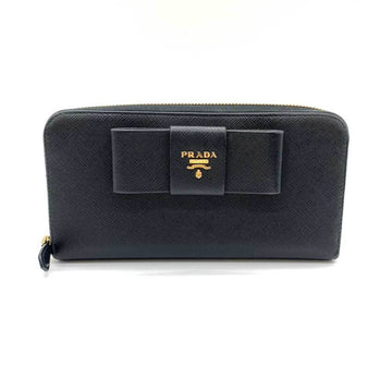 PRADA Wallet Long Round Nero Black Ribbon Women's Saffiano Leather 1ML506