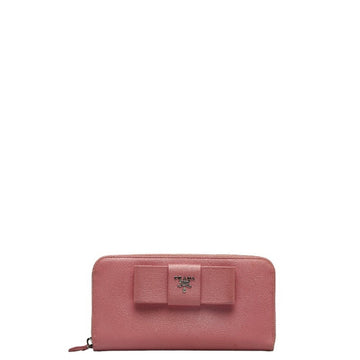 PRADA Saffiano Ribbon Round Zip Long Wallet Pink Leather Women's