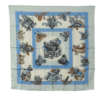 HERMES Carre 90 CONFIDENTS DES COEURS Heart Friend Teddy Bear Scarf Muffler White Blue Multicolor Silk Women's