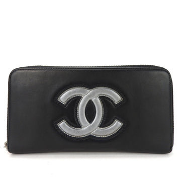 CHANEL Long Wallet Coco Mark Calf Leather Black Silver Round 2 Women's