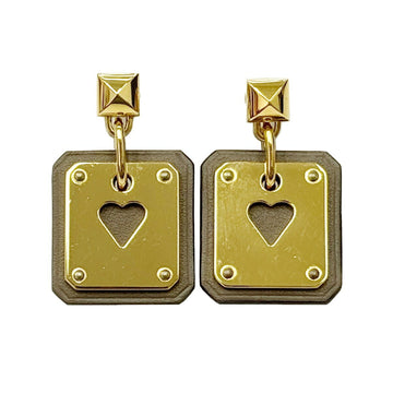 HERMES As de Coeur Earrings Ace of Hearts Playing Cards Swift Leather Gold Brown Z Stamp Women's