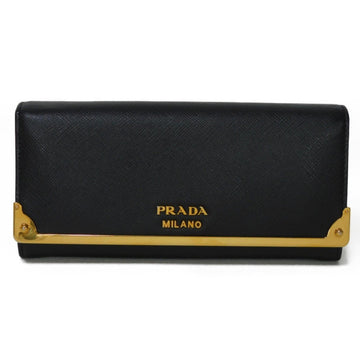 PRADA Long Wallet Flap Metal Black Gold Plated Pass Case Saffiano Cahier Nero 1MH132 Women's