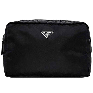 PRADA Pouch Black Tessuto ec-20198 Nylon  Triangle Plate Makeup Women