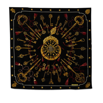 HERMES Carre 90 LES CLES Key Scarf Muffler Black Gold Multicolor Silk Women's