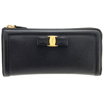 SALVATORE FERRAGAMO Long Wallet Vara L-Shaped Calf Leather Black 22 C907 Ribbon Women's THSA-11879