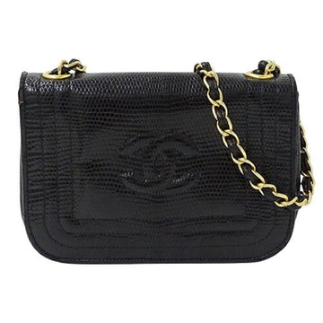 CHANEL bag ladies brand shoulder lizard black gold hardware chain