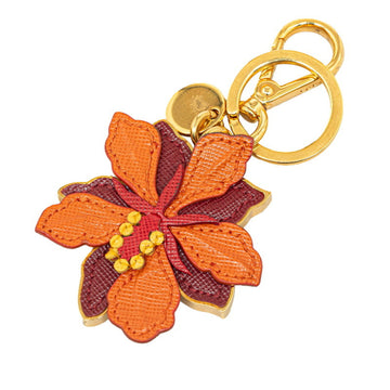 PRADA Plate Flower Motif Key Ring Holder Gold Wine Red Orange Plated Leather Women's