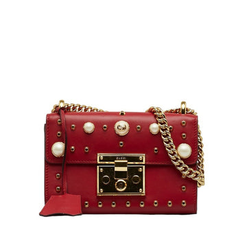 GUCCI Paddock Studded Faux Pearl Chain Shoulder Bag 432182 Red Leather Women's