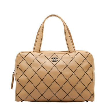 CHANEL Wild Stitch Coco Mark Tote Bag Handbag Boston Beige Brown Leather Ladies