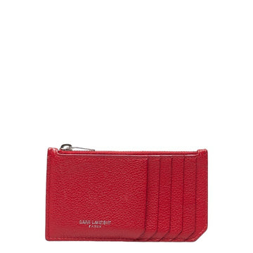 SAINT LAURENT Fragment Zip Pouch Coin Case Purse Red Silver Leather Women's