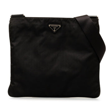 PRADA Triangle Plate Shoulder Bag Black Nylon Leather Women's