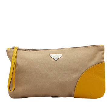 PRADA Pouch Clutch Bag Second Beige Yellow Canvas Leather Women's