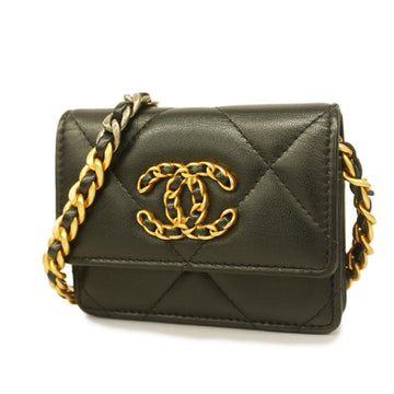 CHANEL Business Card Holder/Card Case 19 Chain Shoulder Lambskin Black Ladies