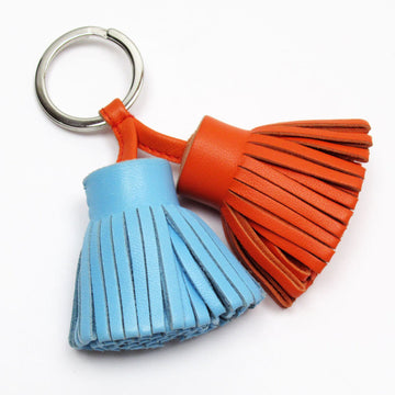 HERMES Key Ring Holder Carmen Unodos Leather Metal Orange Light Blue Silver Men's Women's w0409a