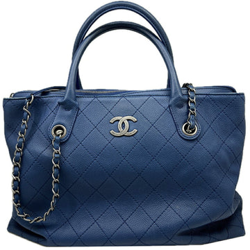 CHANEL Matelasse Bag Chain Tote Blue Caviar Skin Grained Calf Handbag Ladies