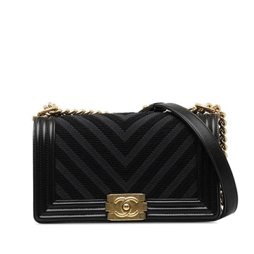 CHANEL V-stitch Boy Coco Mark Chain Shoulder Bag Black Gold Canvas Lambskin Women's