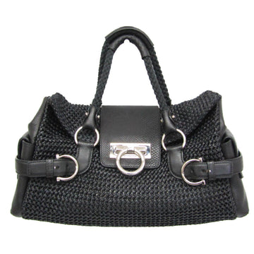 SALVATORE FERRAGAMO Gancini AQ-21 5435 Women's PVC,Straw Handbag Black