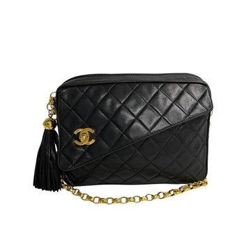 CHANEL Matelasse Lambskin Leather Chain Shoulder Bag Pochette Black 17626