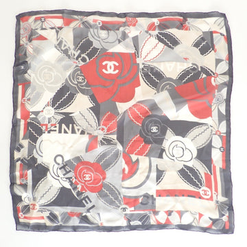 CHANEL CC Coco Mark Camellia 100% Silk Scarf Black Red Women's