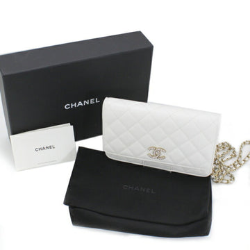 CHANEL Bag Chain Wallet Shoulder Caviar Skin Coco Mark Rhinestone White Leather T4957