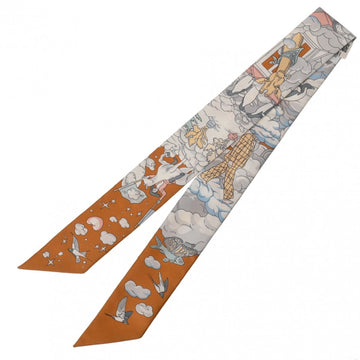 HERMES Twilly SUR MON NUAGE Caramel/Gris/Blue 063900S Women's 100% Silk Scarf Muffler