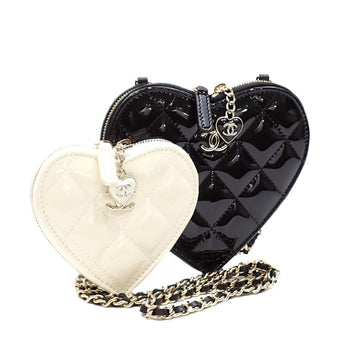 CHANEL Chain Shoulder Bag Matelasse Leather Women's Black White Patent Heart Shape Coco Mark